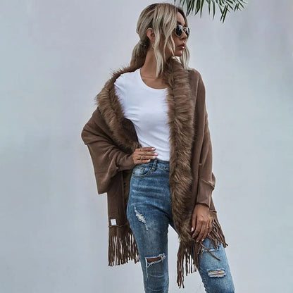 Shawl Mid-Length French Style Knit Poncho with Faux Fur Collar & Tassel Hem