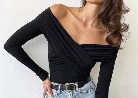 Off-Shoulder Crossed Fold Skinny Bodysuit Romper