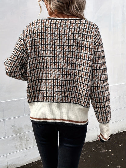 Plaid Knit Cardigan Vintage V-Neck Button