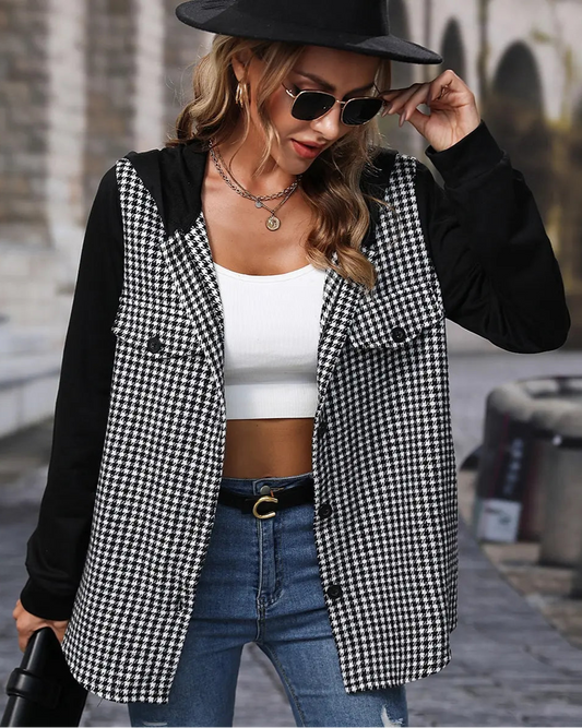 Houndstooth Hooded Jacket Plaid Print Long Sleeve Zipper