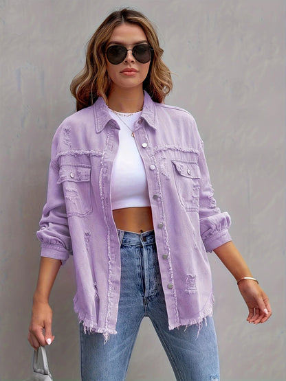 Ripped Denim Shirt Jacket Long Sleeve Solid Color Loose Denim Coat