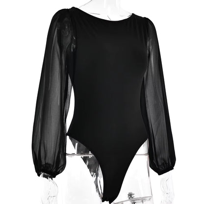 Bodysuit Mesh Long Sleeve Bodycon One-Piece Jumpsuit with Round Neck