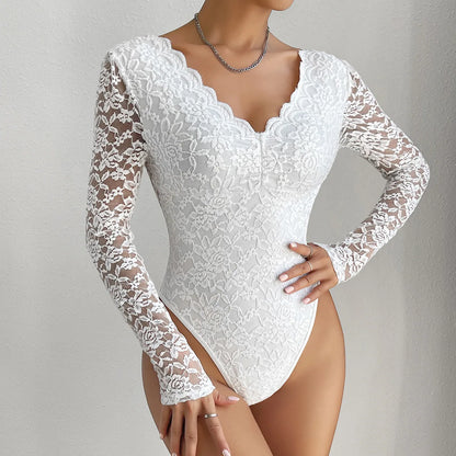 Floral Lace Scallop Trim Teddy Bodysuit Long Sleeve V Neck