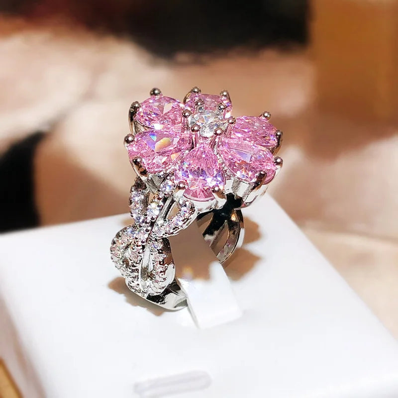 Pink Crystal 925 Sterling Silver Ring Cute Flower Zircon