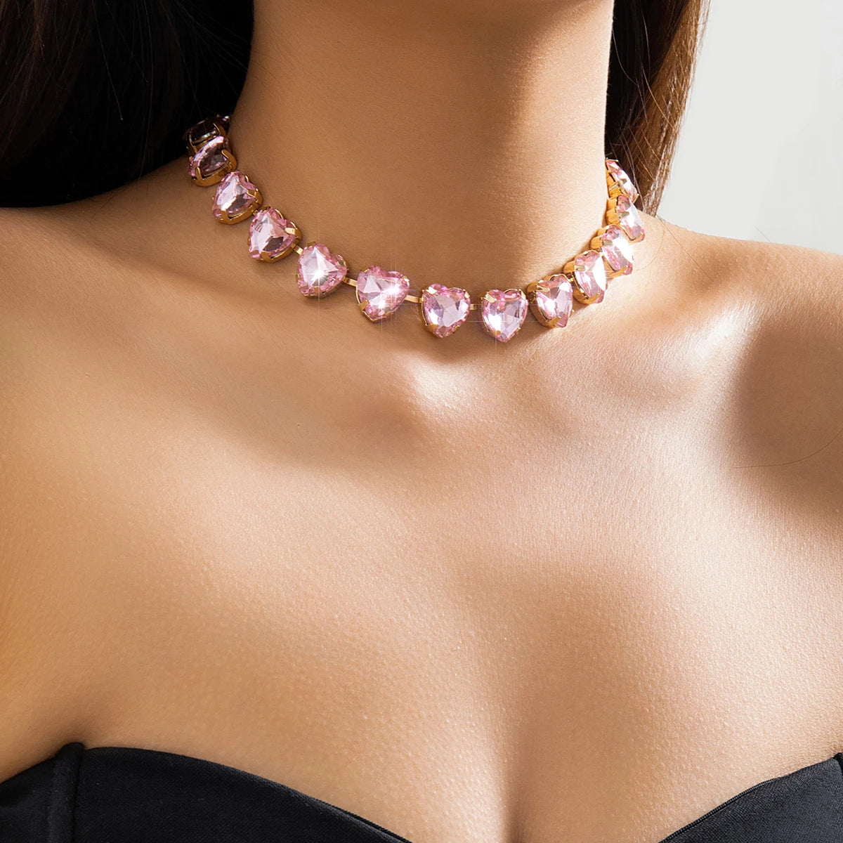 Luxury Pink Heart Rhinestone Choker Exquisite Clavicle Necklace