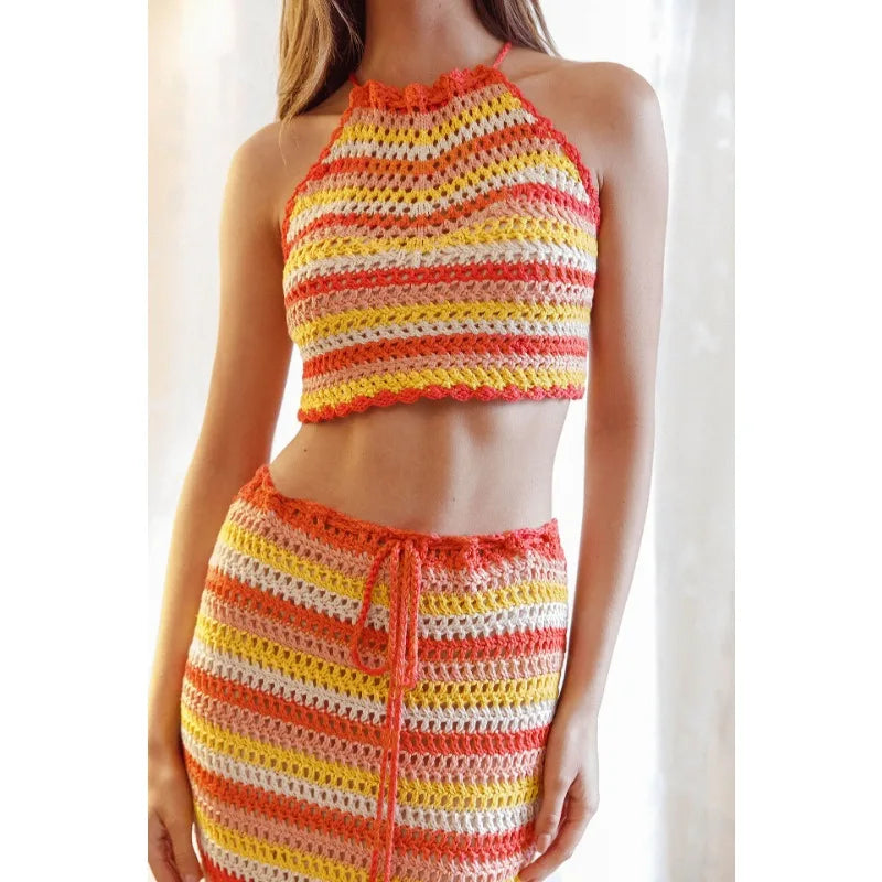 Striped Cropped Bandage Vest Tassel Skirt Knit Set