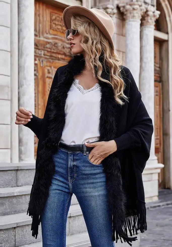 Shawl Mid-Length French Style Knit Poncho with Faux Fur Collar & Tassel Hem