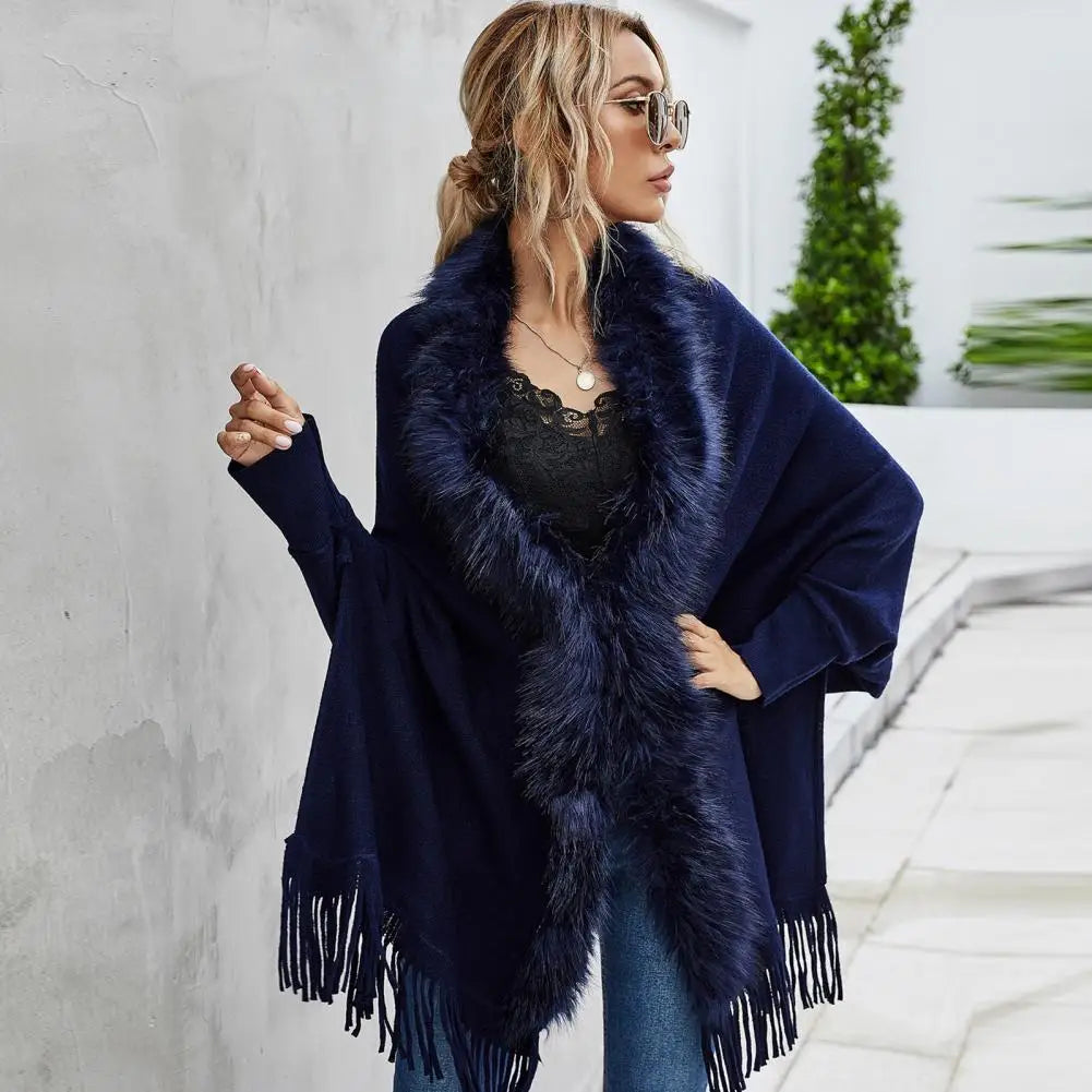 Shawl Mid-Length French Style Knit Poncho with Faux Fur Collar & Tassel Hem