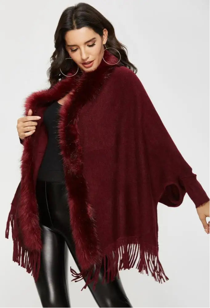 Shawl Mid-Length French Style Knit Poncho with Faux Fur Collar & Tassel Hem