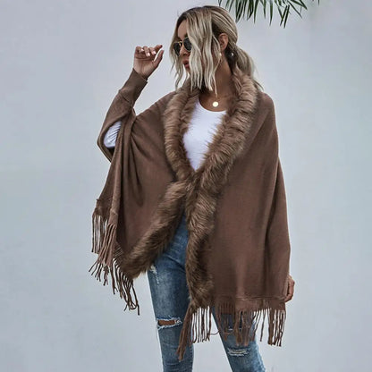 Shawl Mid-Length French Style Knit Poncho with Faux Fur Collar & Tassel Hem