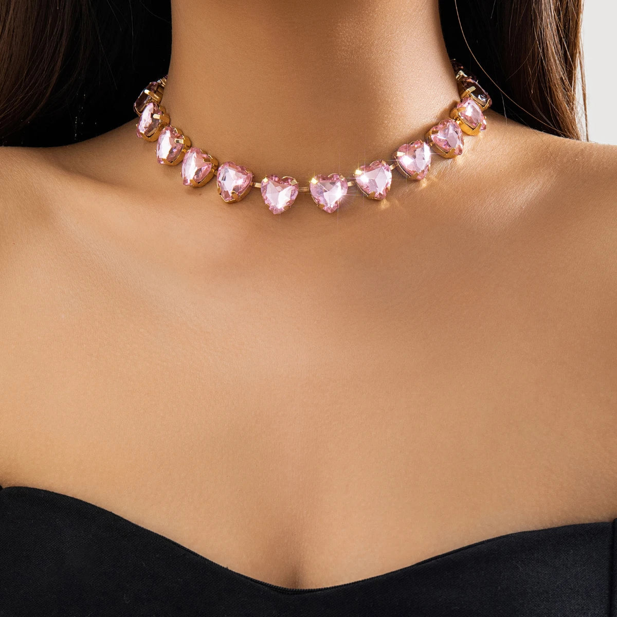 Luxury Pink Heart Rhinestone Choker Exquisite Clavicle Necklace