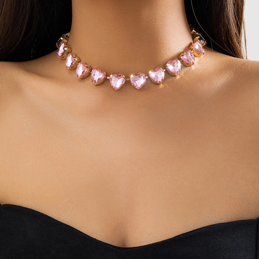 Luxury Pink Heart Rhinestone Choker Exquisite Clavicle Necklace