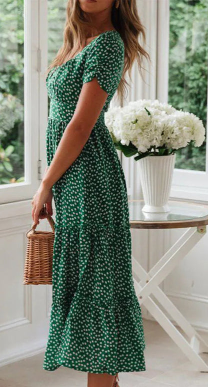 Vintage Print Puff Sleeve Retro Style Vestidos