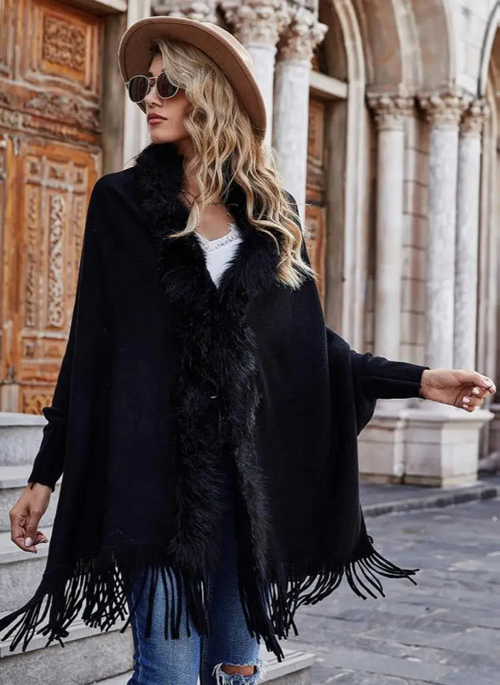 Shawl Mid-Length French Style Knit Poncho with Faux Fur Collar & Tassel Hem