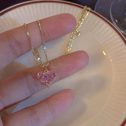 Heart-Shaped Pink Zircon Pendant Necklace & Earrings Set