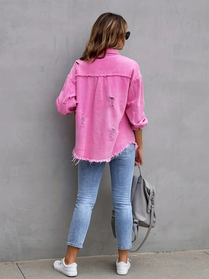 Ripped Denim Shirt Jacket Long Sleeve Solid Color Loose Denim Coat