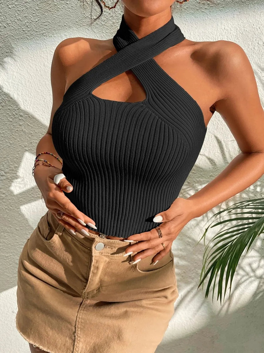 Heart Criss-Cross Ribbed Halter Crop Top Sleeveless Y2K