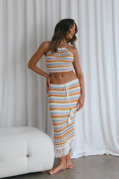 Striped Cropped Bandage Vest Tassel Skirt Knit Set