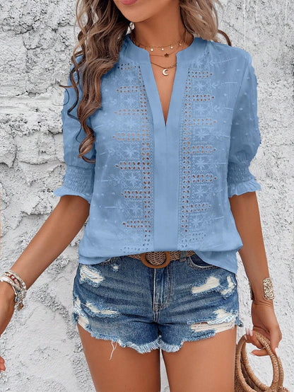 V-Neck Puff Sleeve Bluse Shirred Bust Half Sleeve