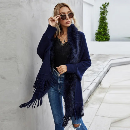 Shawl Mid-Length French Style Knit Poncho with Faux Fur Collar & Tassel Hem