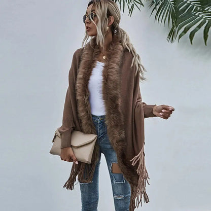 Shawl Mid-Length French Style Knit Poncho with Faux Fur Collar & Tassel Hem