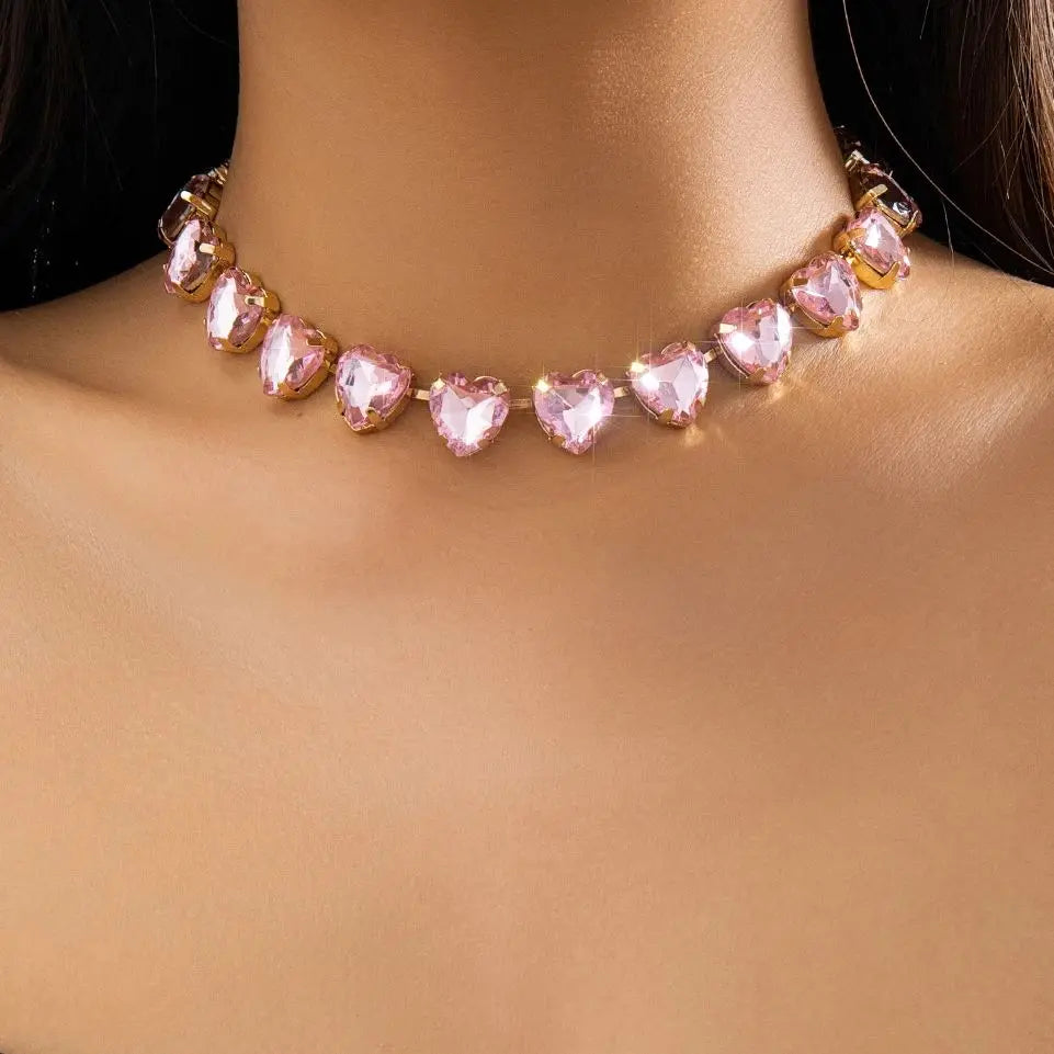 Luxury Pink Heart Rhinestone Choker Exquisite Clavicle Necklace