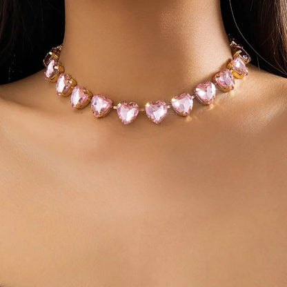 Luxury Pink Heart Rhinestone Choker Exquisite Clavicle Necklace