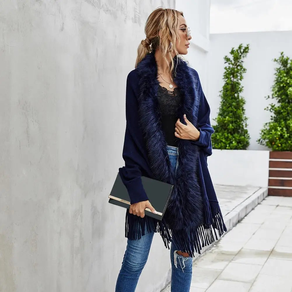 Shawl Mid-Length French Style Knit Poncho with Faux Fur Collar & Tassel Hem