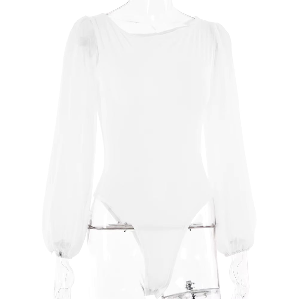 Bodysuit Mesh Long Sleeve Bodycon One-Piece Jumpsuit with Round Neck