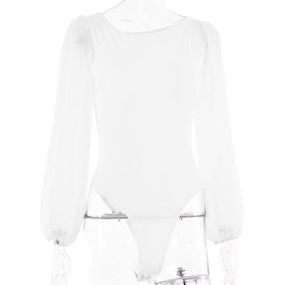Bodysuit Mesh Long Sleeve Bodycon One-Piece Jumpsuit with Round Neck
