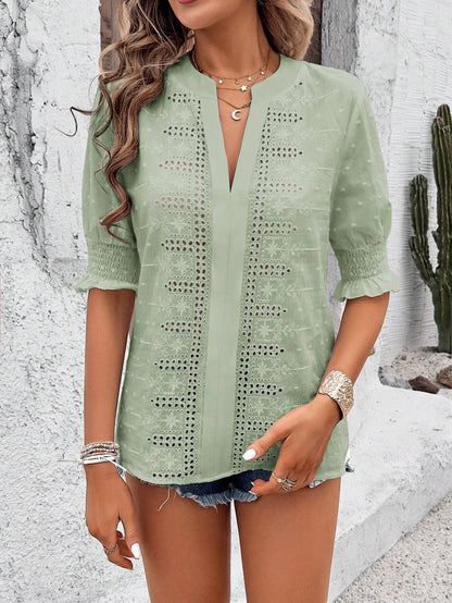 V-Neck Puff Sleeve Bluse Shirred Bust Half Sleeve
