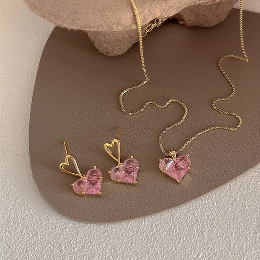 Heart-Shaped Pink Zircon Pendant Necklace & Earrings Set