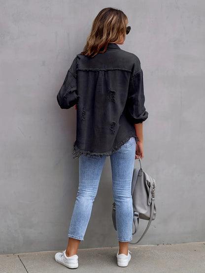 Ripped Denim Shirt Jacket Long Sleeve Solid Color Loose Denim Coat
