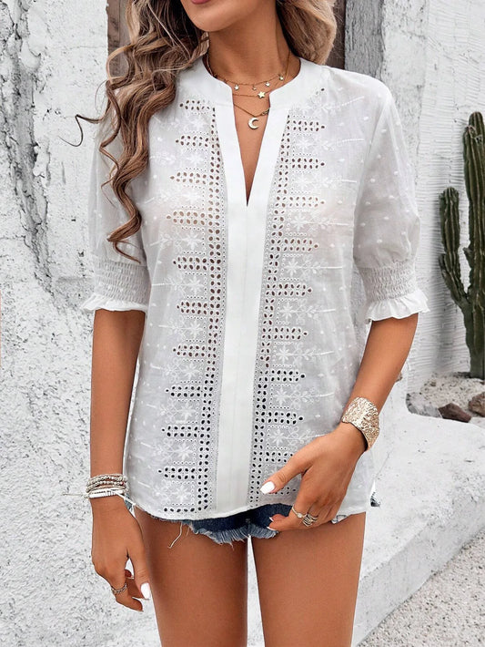 V-Neck Puff Sleeve Bluse Shirred Bust Half Sleeve