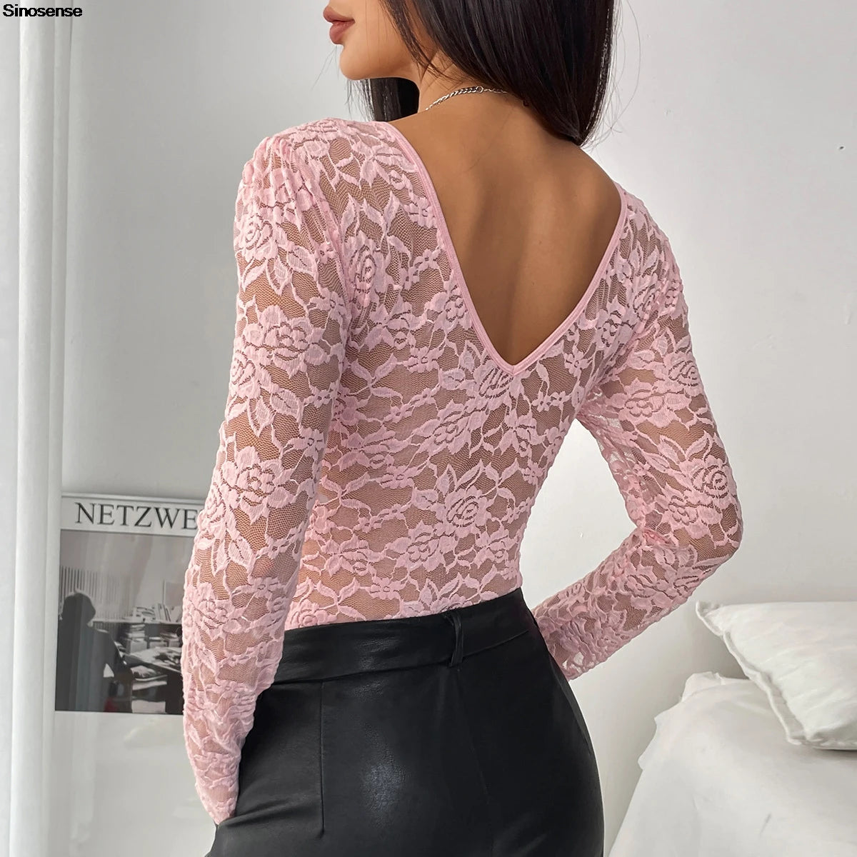 Floral Lace Scallop Trim Teddy Bodysuit Long Sleeve V Neck