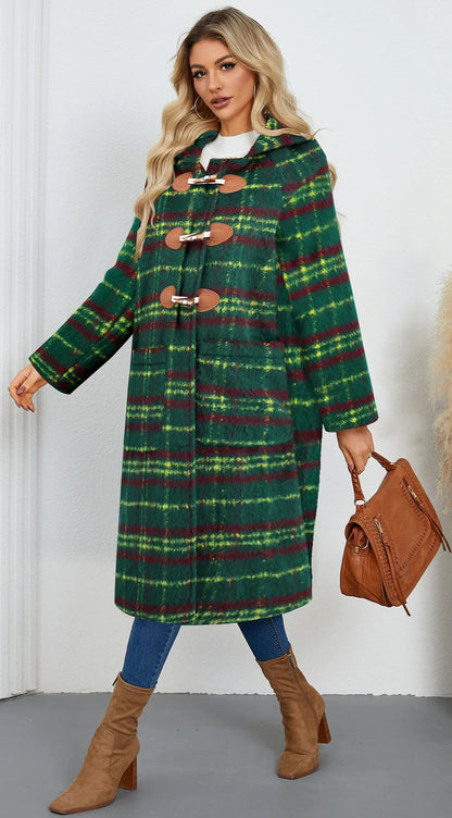 Winter Woolen Coat Plaid Long Coat with Hood