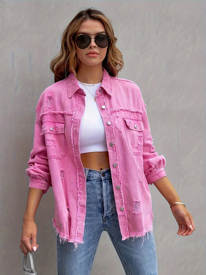 Ripped Denim Shirt Jacket Long Sleeve Solid Color Loose Denim Coat