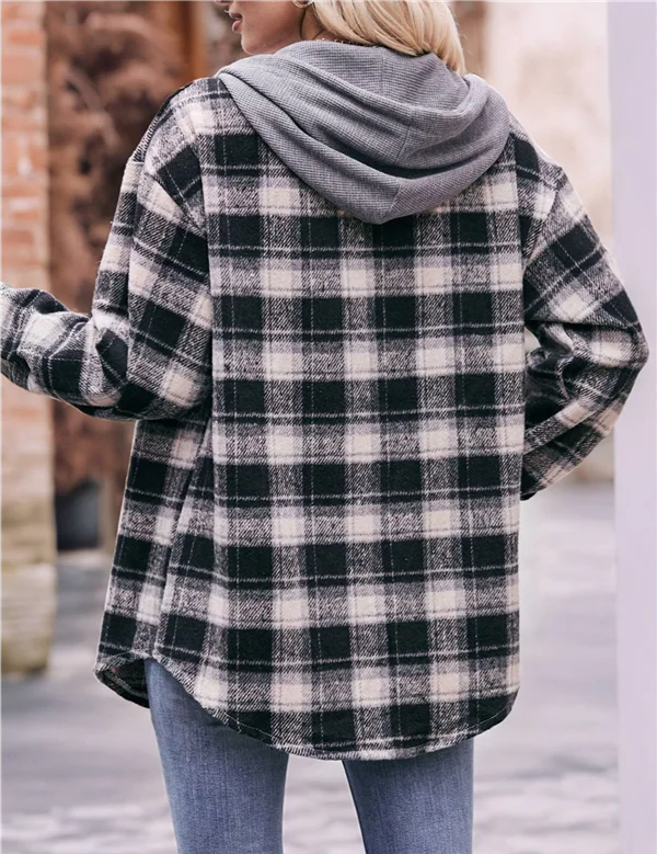 Flannel Plaid Hoodie Jacket Long Sleeve Button with Pocket & Drawstring