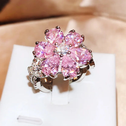 Pink Crystal 925 Sterling Silver Ring Cute Flower Zircon