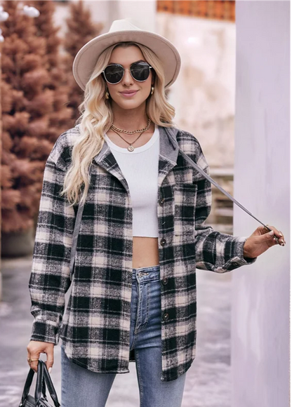 Flannel Plaid Hoodie Jacket Long Sleeve Button with Pocket & Drawstring