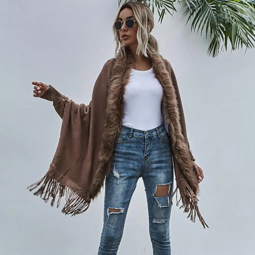 Shawl Mid-Length French Style Knit Poncho with Faux Fur Collar & Tassel Hem
