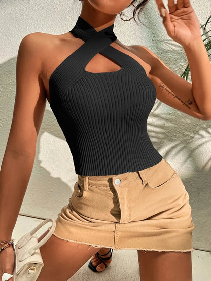 Heart Criss-Cross Ribbed Halter Crop Top Sleeveless Y2K
