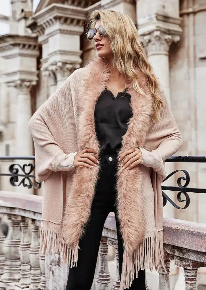 Shawl Mid-Length French Style Knit Poncho with Faux Fur Collar & Tassel Hem