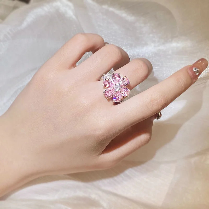 Pink Crystal 925 Sterling Silver Ring Cute Flower Zircon