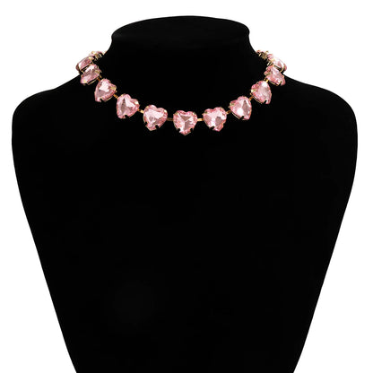 Luxury Pink Heart Rhinestone Choker Exquisite Clavicle Necklace