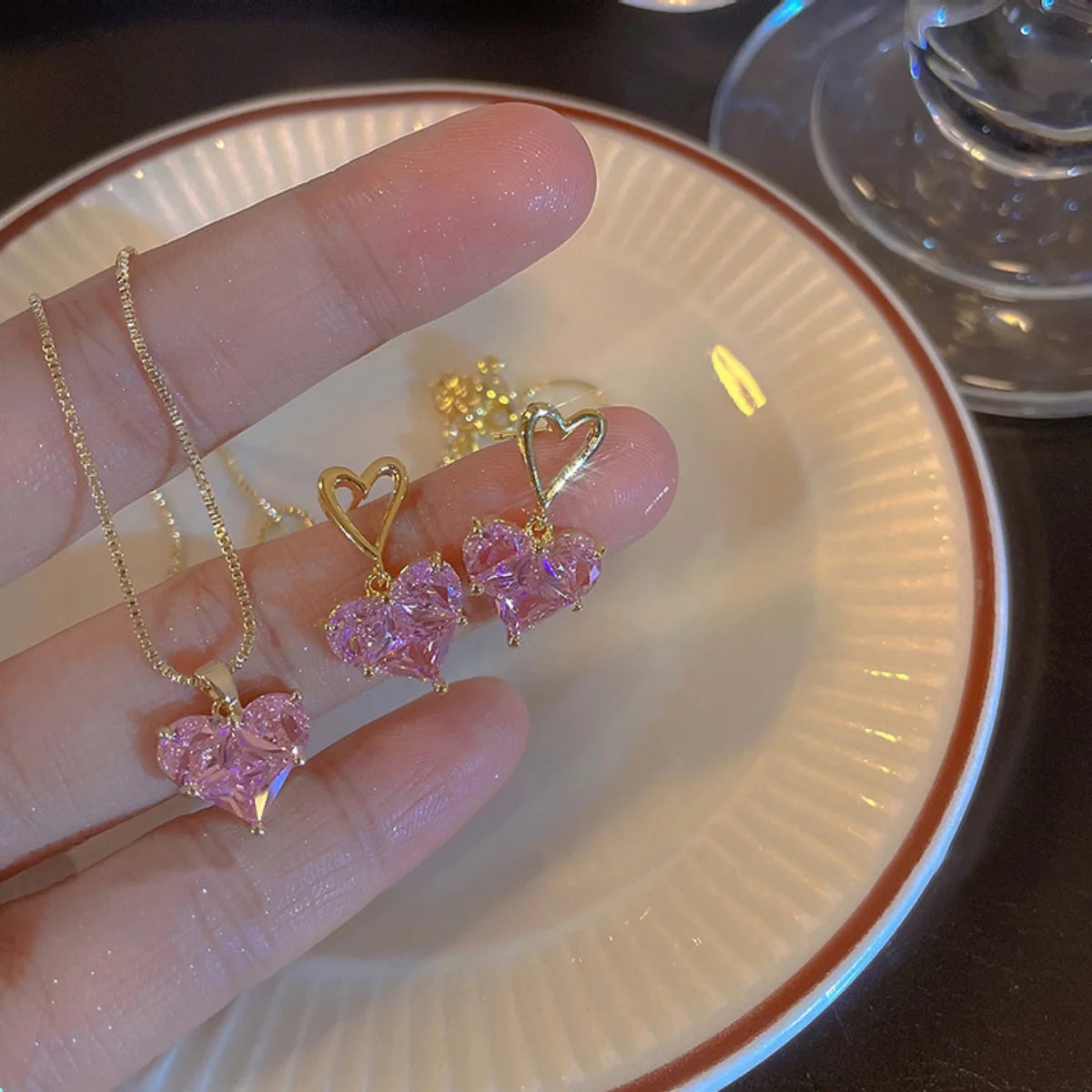Heart-Shaped Pink Zircon Pendant Necklace & Earrings Set