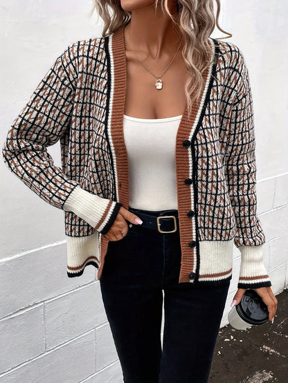 Plaid Knit Cardigan Vintage V-Neck Button
