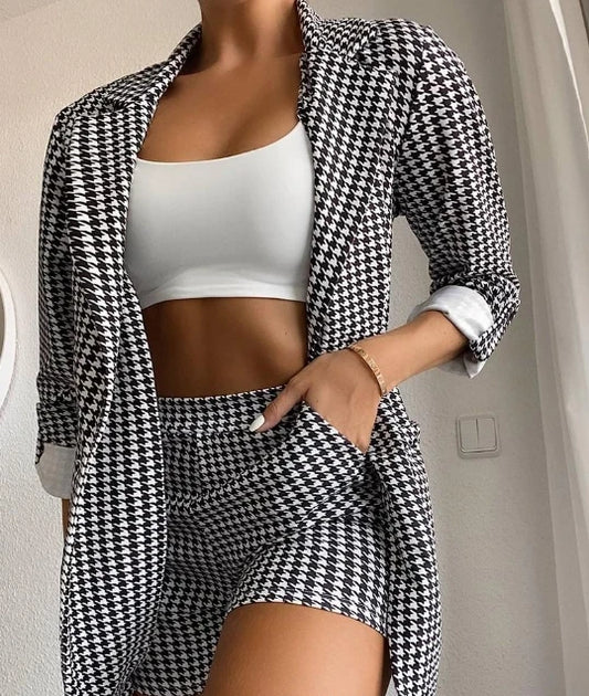 Houndstooth Printed Long Sleeve Suit Coat