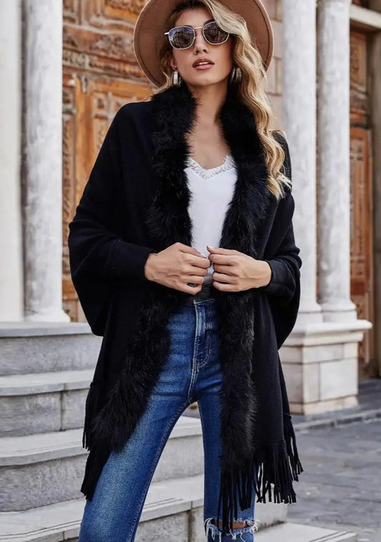 Shawl Mid-Length French Style Knit Poncho with Faux Fur Collar & Tassel Hem