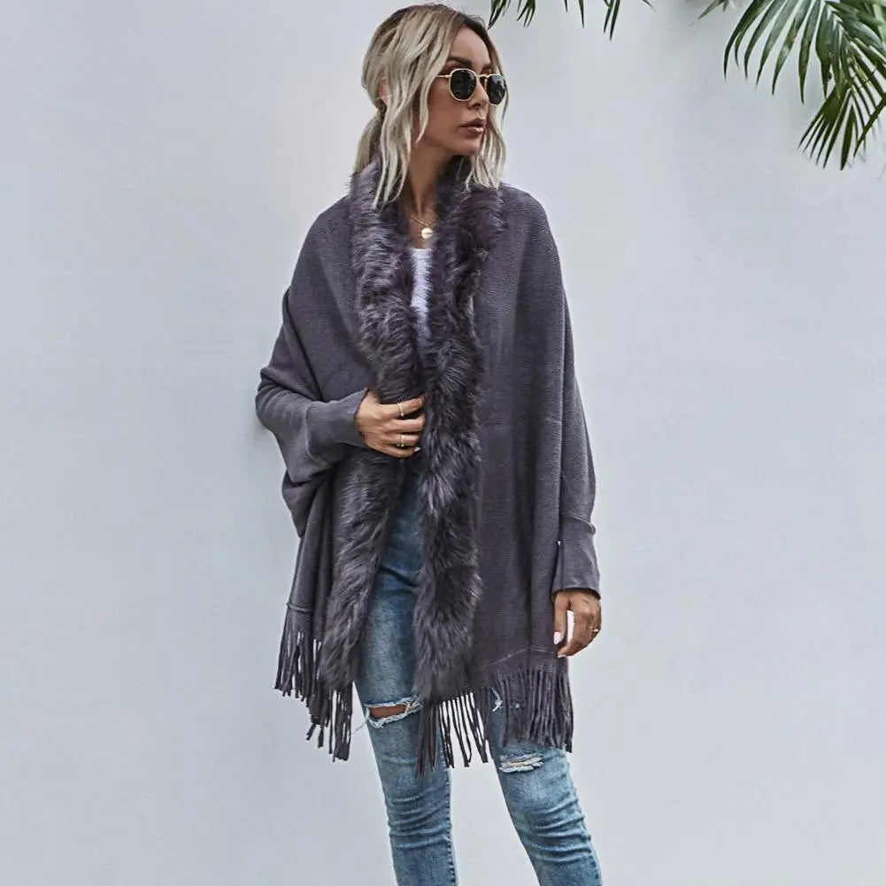 Shawl Mid-Length French Style Knit Poncho with Faux Fur Collar & Tassel Hem